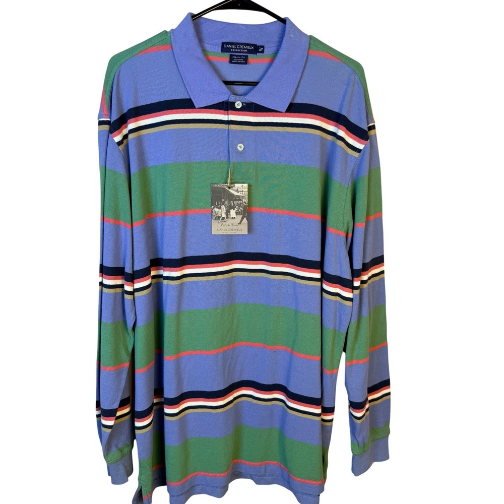 Daniel Cremieux Mens XL Long Sleeve Polo Shirt Striped Cotton Blue Green Classic